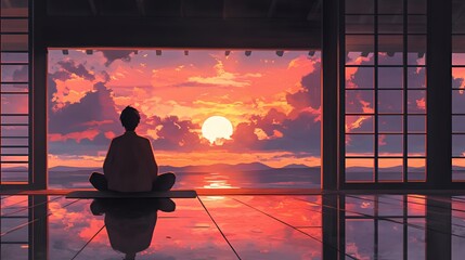 A serene sunset moment with a silhouetted person meditating indoors.