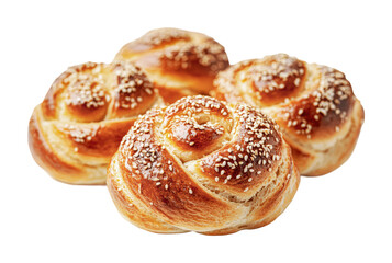 Freshly baked sweet rolls with sesame seeds arranged together on a white background for dessert ideas and culinary presentations, cut out