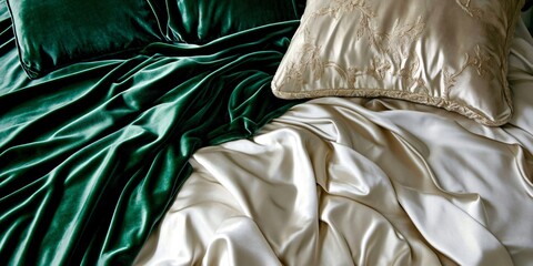 Opulent Textiles: Luxurious textiles in shades of emerald and ivory cascade across a bed, creating a scene of elegance and comfort