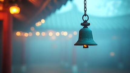 Obraz premium A decorative bronze bell hanging in a misty temple setting.