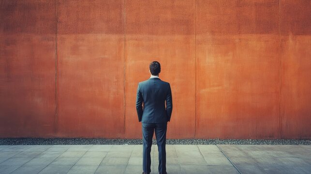 A businessman stands facing a large orange wall in contemplation
