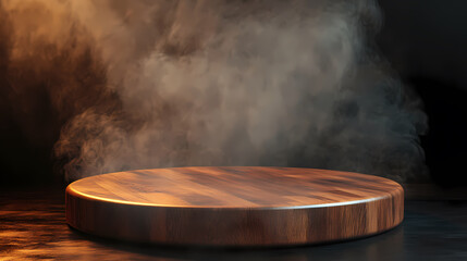 3D Rendered Dark Wood Round Table Surrounded by Smoke
