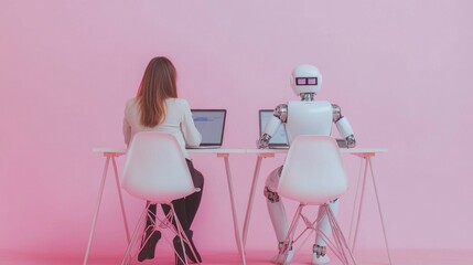 A human and an AI robot sitting at the same desk, working together on laptops in front of a pink background wall.