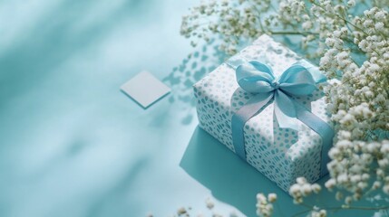 Light blue gift box with ribbon, flowers, and card on pastel background