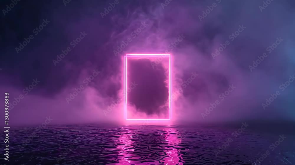 Poster neon rectangle frame with shining effect in dark background, illuminated pink glow in misty atmosphe