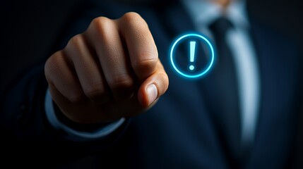 Businessman pointing at a glowing exclamation mark symbol, conveying urgency.