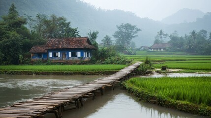 Fototapeta premium A wooden bridge crossing a serene river, leading to a charming house surrounded by green rice terraces. 