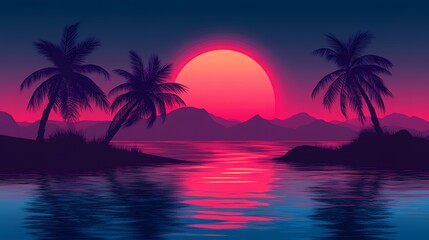Vibrant sunset over calm waters with silhouettes of palm trees and distant mountains.