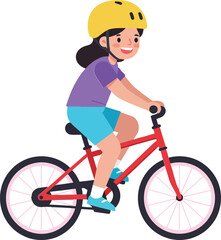 Obraz premium A young girl riding a bright red bicycle with a cheerful expression and safety helmet in a flat, playful vector illustration