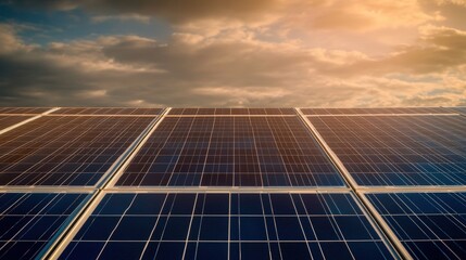Row of solar panels installed in an outdoor environment with clear blue sky and sunlight