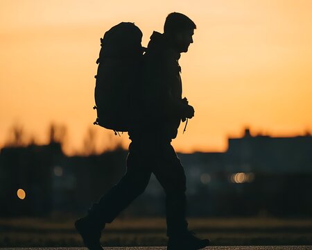 Hiker walks at dusk with a backpack, the sun setting - Powered by Adobe