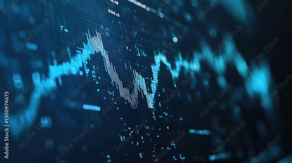 Poster digital display shows fluctuating data represented by blue lines and dots