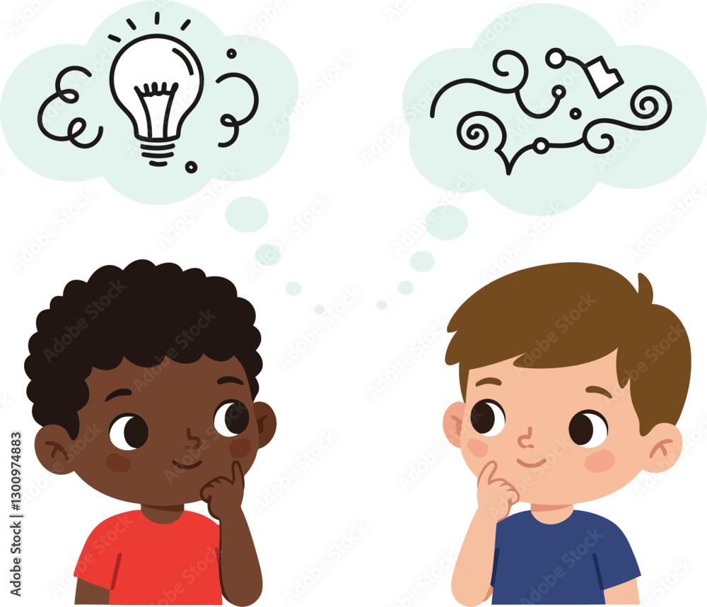 Poster two curious boys with thoughtful expressions sharing creative ideas in a flat and colorful vector il