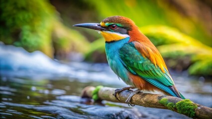Vibrant Rainbow-Colored Bird Perched on a Mossy Branch Beside a Gently Flowing Stream