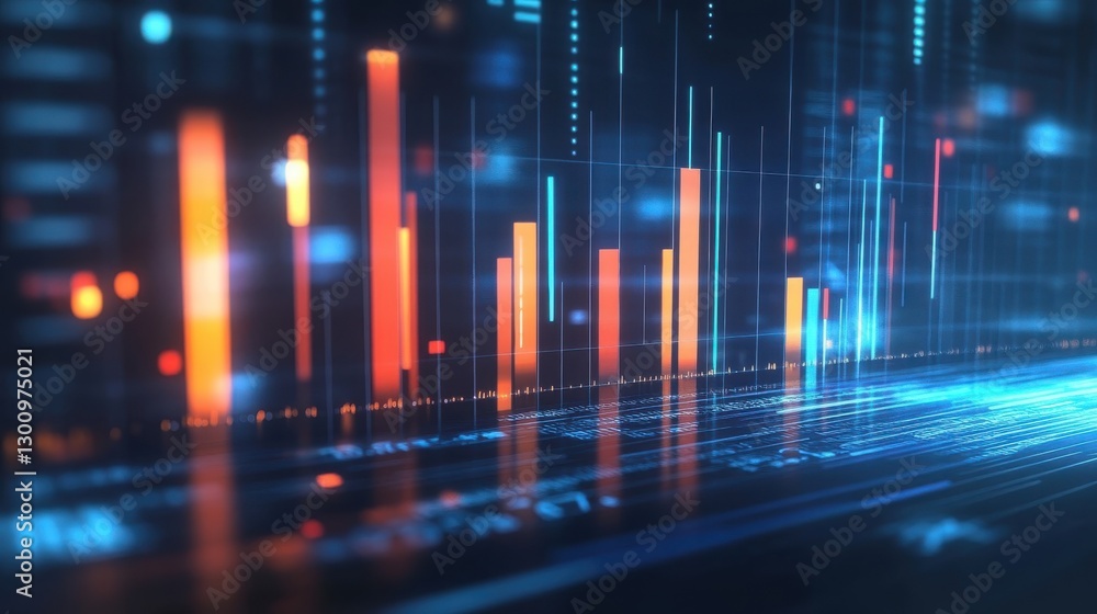 Poster digital display showcasing data analysis using vibrant glowing bars and lines