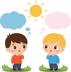 Two curious children pondering ideas with colorful thought bubbles in a bright, cheerful outdoor setting, illustrated in a cute, flat vector art style