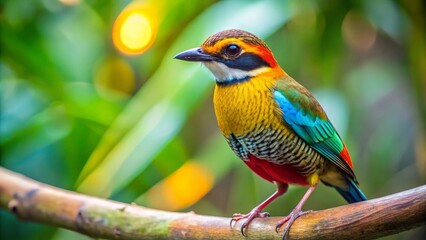 Obraz premium Vibrant Plumage of a Tropical Bird Perched on a Branch in Lush Foliage