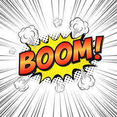 BOOM explosion text effect in comic book-style, featuring bold typography, dynamic lines, and impact clouds for an action-packed design
