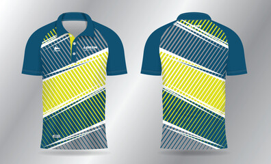 abstract blue and yellow polo jersey shirt mockup template design for badminton, tennis, soccer, football or sport uniform in front view and back view.	