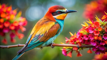 Obraz premium Vibrant Rainbow Bird Perched on a Branch Amongst a Cluster of Brightly Colored Blossoms in a Lush Garden Setting