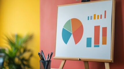 A whiteboard shows colorful financial data charts and graphs on a stand
