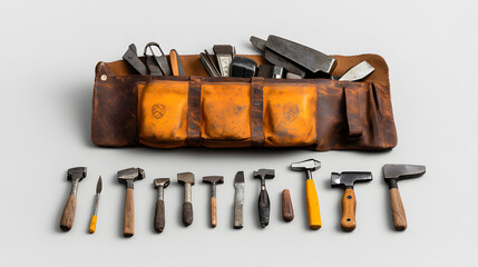 Rustic tool pouch filled with old hammers, chisels, and wrenches used for manual work UHD 4K Image