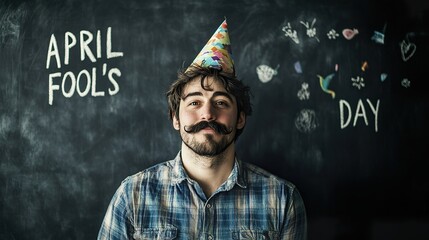 Charming man with dark hair and a moustache, donning a denim jacket, grinning at the camera with a birthday hat atop his head. Beside him, the words "April Fool's Day" are inscribed