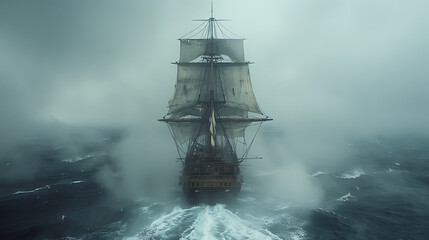 Fototapeta premium Majestic sailing ship navigating through foggy waters, evoking adventure and exploration
