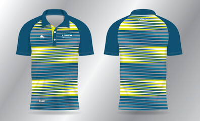 abstract blue and yellow polo jersey shirt mockup template design for badminton, tennis, soccer, football or sport uniform in front view and back view.	