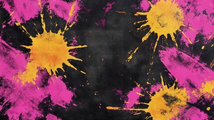 abstract background with tie-dye patterns in vibrant pink and yellow hues, resembling the splatter of paint on black fabric. The colors should blend seamlessly to create a dynamic visual effect