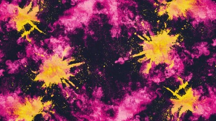 abstract background with tie-dye patterns in vibrant pink and yellow hues, resembling the splatter of paint on black fabric. The colors should blend seamlessly to create a dynamic visual effect