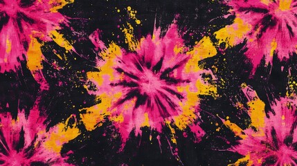 abstract background with tie-dye patterns in vibrant pink and yellow hues, resembling the splatter of paint on black fabric. The colors should blend seamlessly to create a dynamic visual effect