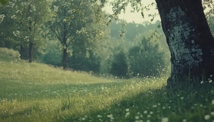 Serene Green Field with White Wildflowers and Large Tree Trunk