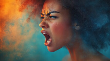Fototapeta premium A woman passionately expresses deep emotion, her face alive with intensity amidst swirling colors