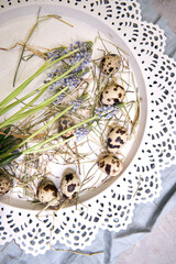 Easter green eggs with blue spring flowers lying on a ceramic plate on a gray background, top view