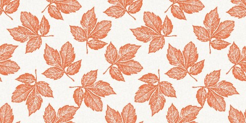 Peach fuzz botanical leaf foliage texture border two tone linen fabric effect. Soft fresh modern woodland cottagecore design, banner and on trend repeat tile ribbon. 