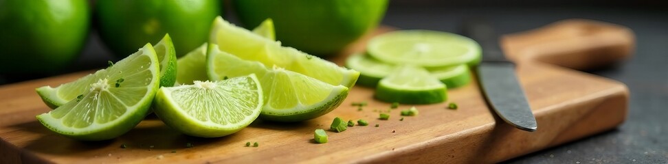 Pile of lime wedges on a wooden cutting board with a knife, healthy, ingredients