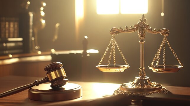 Justice scales and gavel in courtroom