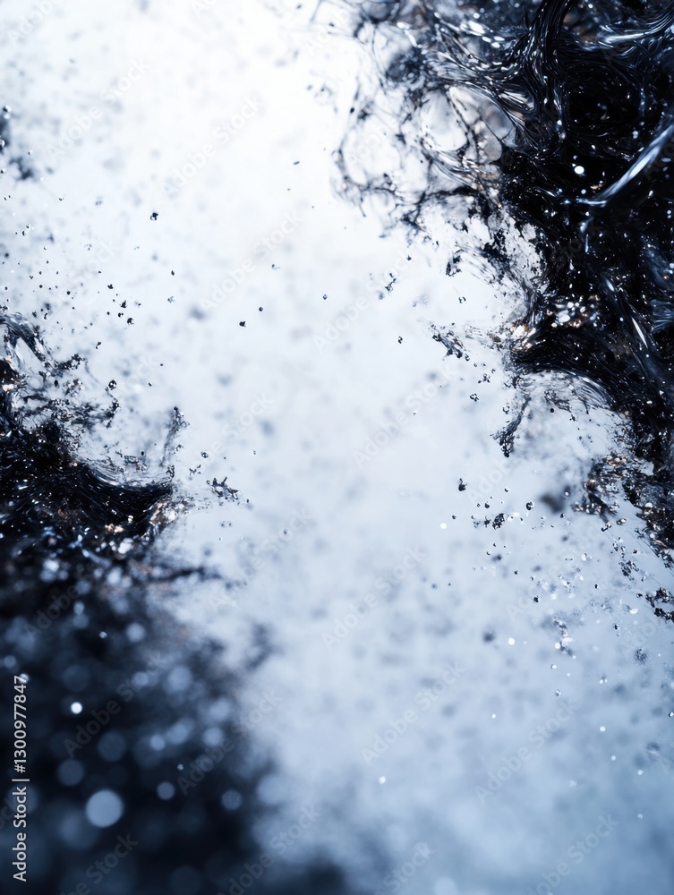 Poster abstract view of fluid motion, showcasing dark currents and glistening particles in a hazy environme