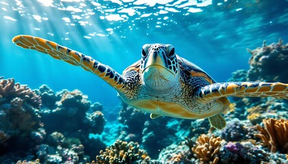Obraz premium Sea Turtle Swimming in Blue Ocean with Coral Reef Sunlight