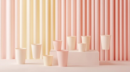 Fototapeta premium Floating biodegradable paper cups in pastel tones, arranged elegantly in an isolated space. --chaos 20 --ar 16:9 --quality 2 --v 6.1 Job ID: ab7f1bc3-5b32-4244-be0a-b6e33127db94