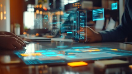 Futuristic collaboration on interactive interface in modern office