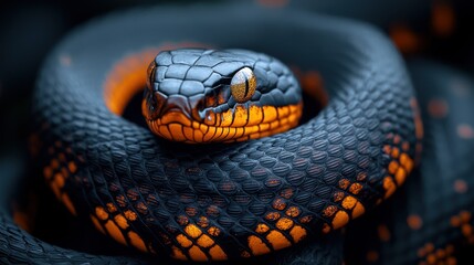Fototapeta premium Close-up of coiled venomous snake, jungle backdrop, dangerous
