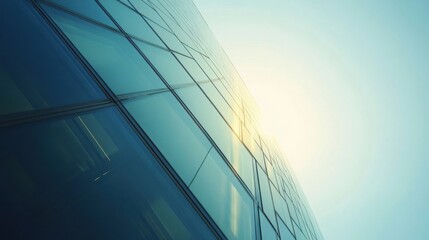 The exterior facade of a modern glass skyscraper reaches upwards toward the sky