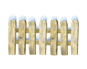 Plank wooden fence under snow. Watercolor illustration winter, hand drawn on isolated background. For decor, design, printing, polygraphy