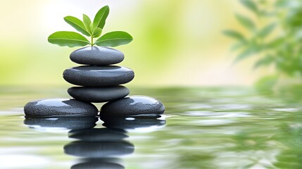 Obraz premium A serene arrangement of stacked stones with a green leaf sprouting from the top.