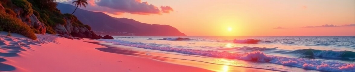 Obraz premium Scenic view of a picturesque coastline with pink sand and a golden sun setting, idyllic, beauty