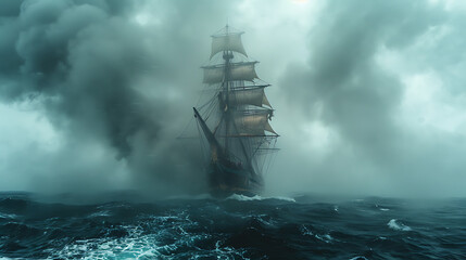 Fototapeta premium Majestic sailing ship navigating through stormy seas with dark clouds and turbulent waves in background