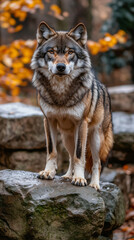 Obraz premium A close-up of a wolf with sharp eyes and a dense fur coat, standing on rocks amidst autumn foliage.