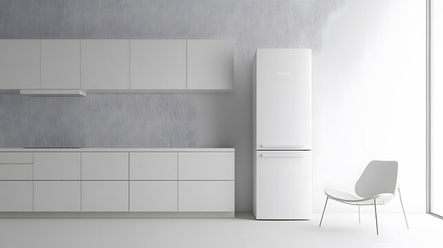A minimalist ad for a new high-end refrigerator, featuring clean lines and modern design elements